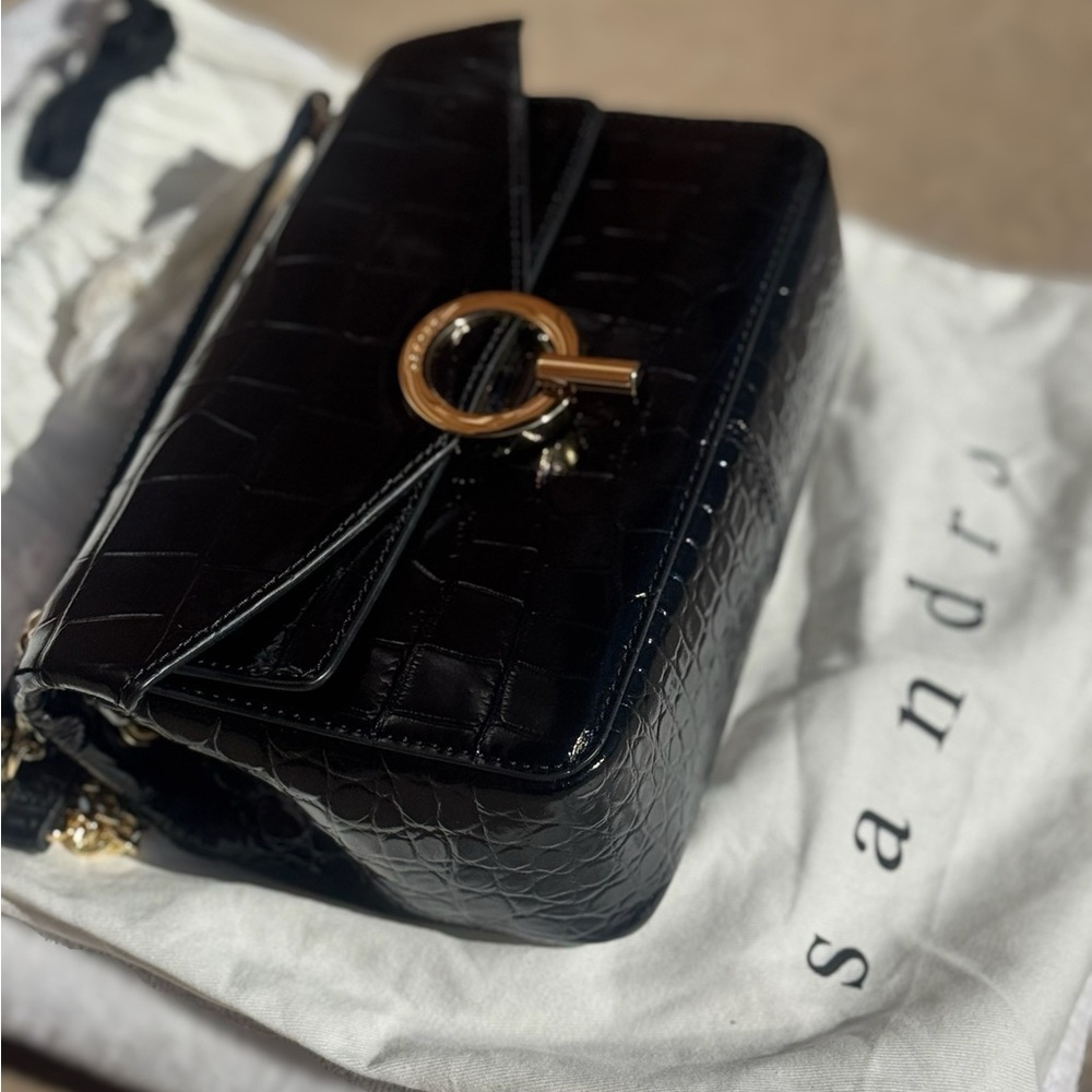 Sandro Black Croc-Embossed Patent Leather Crossbody Bag with Gold Ring Clasp - Picture 8 of 16